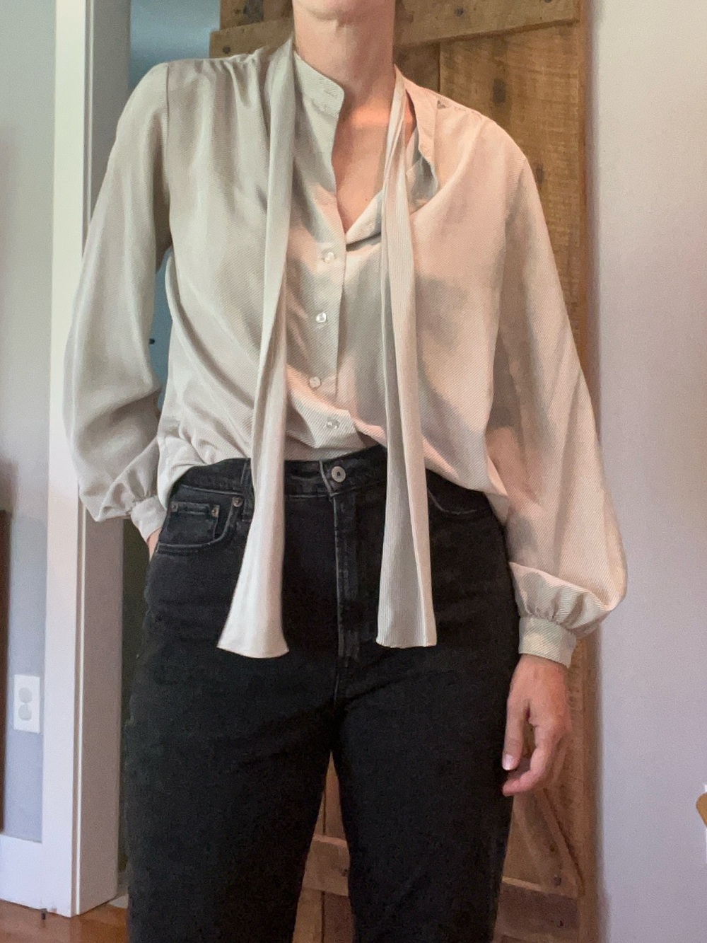 Vintage 80s bow tie neck mini stripe blouse